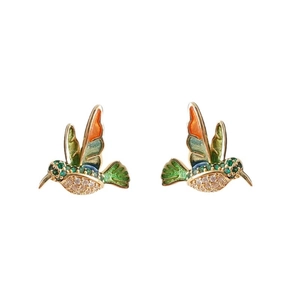 Exquisite hummingbird stud earrings with colorful enamel and cubic zirconia in gold plating