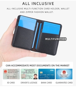 Detail of slim men's black litchi pattern leather wallet with multiple interior card slots