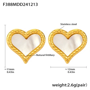 Detailed view of heart earrings made of stainless steel and natural white mother of pearl
