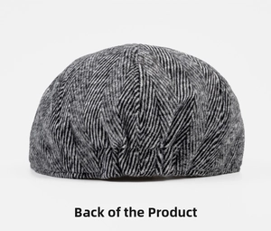 Rear view of vintage grey herringbone flat cap with elastic back for comfortable fit