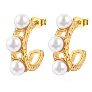 French vintage style 18K gold plated stainless steel C-shape earrings with triple pearls