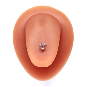 Silver stainless steel rabbit nose stud shown on a silicone model for piercing display
