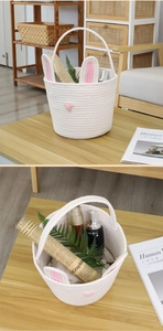 Detailed close-up of a white cotton rope woven Easter bunny basket with pink plush ears