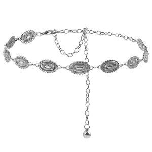 Vintage bohemian silver metal waist chain with embossed oval plates and lobster clasp