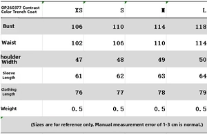 Size chart for minimalist blazer with scarf detailing various measurements for XS to L