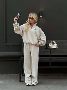 Women Cotton Half Zip Long Sleeve Sweatshirt And Wide Leg Pants Solid Color Oversized Casual Sporty
