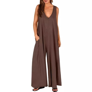 Deep brown sleeveless V-neck wide leg jumpsuit with pockets and a relaxed silhouette