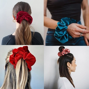 Oversized velvet scrunchies for women in solid colors used as hair ties and wrist decor