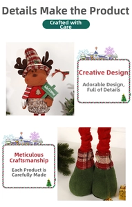 Close-up of Christmas reindeer doll with telescopic legs and Welcome sign decoration