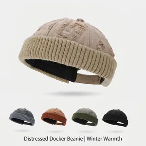 Distressed Brimless Beanie Hat Cotton Knit Docker Miki Hat Vintage Ripped Streetwear Adjustable Winter Warm Unisex