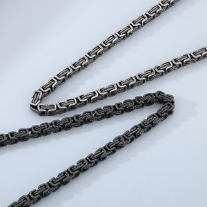 Byzantine chain necklace for men in silver and black stainless steel industrial design