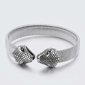 Double Snake Head Open Bangle Stainless Steel Mesh Elastic Wristband Punk Gothic Vintage Jewelry For Men