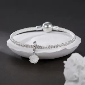 925 sterling silver mesh bracelet featuring a white rose floral charm pendant