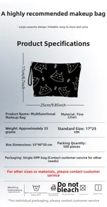 Detailed view of cat print makeup bag made of fine linen fabric with dimensions 17x25cm