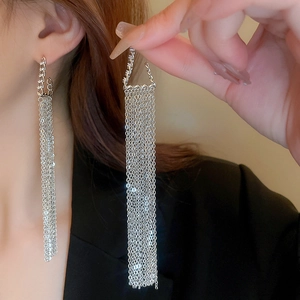 Elegant silver long tassel earrings with sparkling cubic zirconia and geometric details