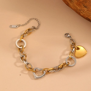 Bracelet bicolore en acier inoxydable à grosse chaîne avec cercles et breloques cœur