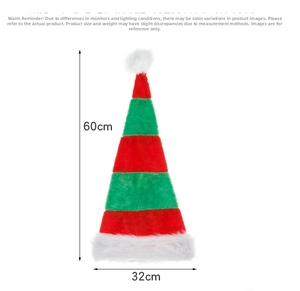 Detail showing 60cm height and 32cm width of the striped plush long Christmas elf hat