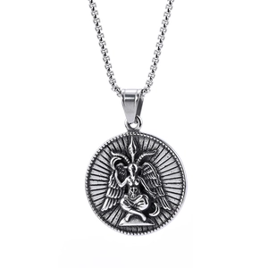Retro stainless steel Satan Baphomet ram head circular pendant with cross chain necklace