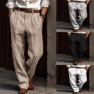 Men's Linen Pants Straight Leg Casual Cotton Blend Trousers Pleated Front Solid Color Breathable Fashion Pants for Vacation