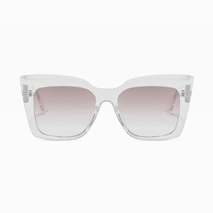 Macro detail of cat eye sunglasses with transparent frames and gradient purple lenses