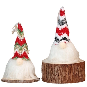 Glow Christmas Gnomes with knitted hats on wood base for holiday decoration set