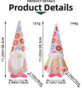 Size chart showing height and width details of two plush Christmas gnome dolls