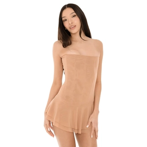 Mini robe sexy bustier dos nu couleur chair avec ourlet à volants et coupe ajustée