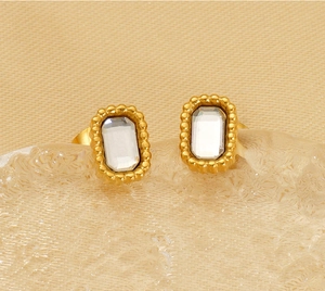 Close-up of gold-plated titanium steel earrings with clear rectangular gemstones
