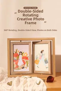 Close-up of double-sided rotating wooden picture frame with 360-degree inner frames