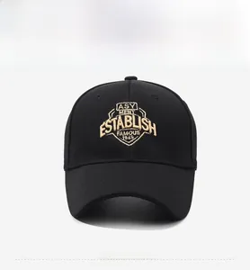 Detailed embroidery of gold shield crest on premium black cotton twill baseball cap