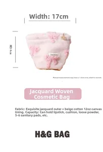 Detail view of pink floral plush makeup bag with 17x14cm size dimensions and flower zipper