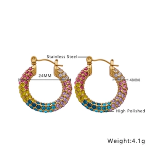 Detailed view of high polished stainless steel hoop earrings with colorful crystals