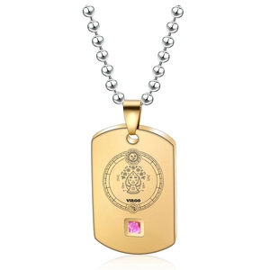 Golden Virgo zodiac pendant necklace with pink zircon on silver bead chain