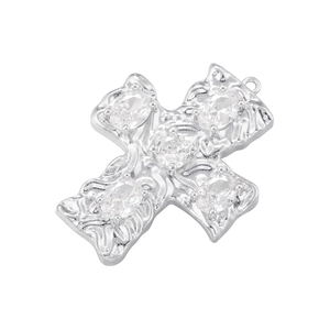 Hip-hop cross pendant in silver metal featuring five inlaid clear sparkling gemstones