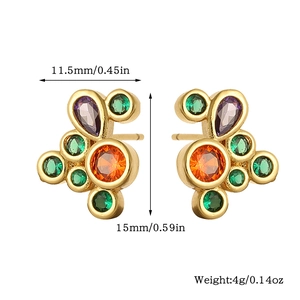 Detailed size chart for gold-plated heart butterfly studs with zircon and purple stones