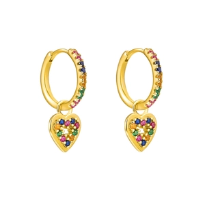 Boucles d'oreilles cœur doré avec zircons arc-en-ciel au design géométrique chic