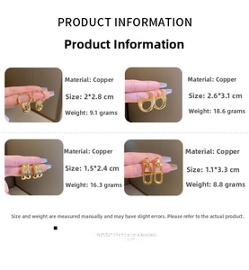Detail specifications of four golden geometric earrings with dimensions and weight info