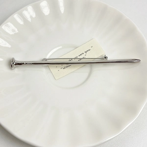 Detailed macro view of silver polished nail-shaped brooch with textured head on white dish