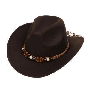 Detailed close-up of dark brown felt cowboy hat featuring bohemian wooden beaded hatband