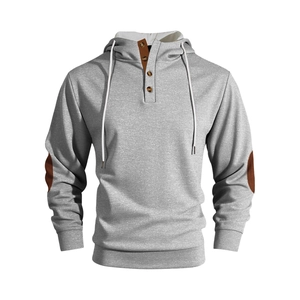 Men's grey hooded sweatshirt with brown elbow patches and button neckline detail