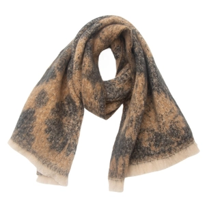 Detail of brown and dark grey animal print scarf with soft fringe and knit texture