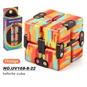 Macro view of orange camouflage infinity cube toy with its original retail packaging
