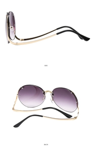Detailed side and back views of purple gradient rimless sunglasses with gold temples