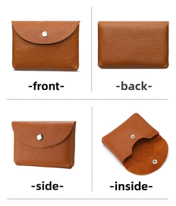 Four-view display of brown lychee leather coin purse with silver snap closure