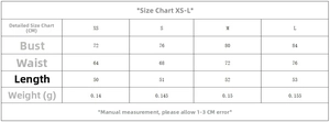 Size chart for halter top and wide-leg trousers set with measurements for sizes XS to L