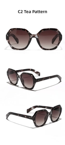 Detailed views of camellia tortoiseshell oversized polygon sunglasses with gradient lenses