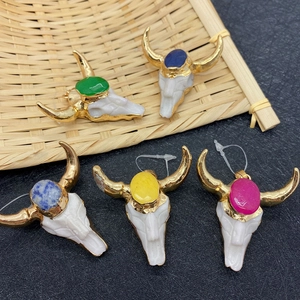 Colorful natural stone acrylic bull head pendants with golden horns for DIY jewelry making