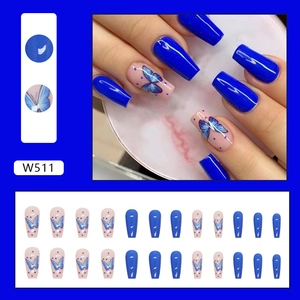 Kit de faux ongles ballerine papillon bleu de forme cercueil et de grande longueur