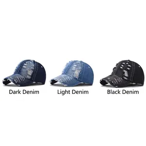 Distressed vintage denim baseball caps with ripped details in blue and black colors