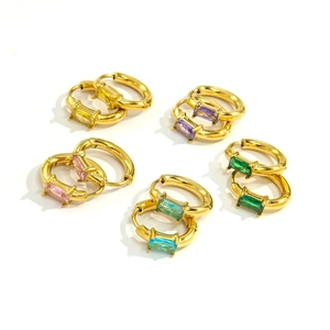 Minimalist 18K gold plated stainless steel hoops with square zircon in five assorted colors